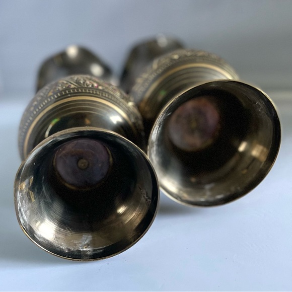 Pair of Vintage Solid Brass Vases Hand Etched gold red Enamel Floral Design - Picture 10 of 10